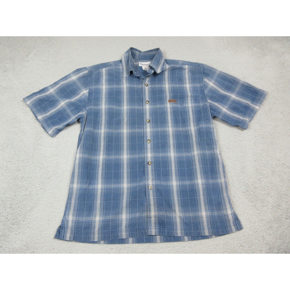 Carhartt Shirt Mens M Blue Plaid 100% Cotton Short Sleeve Button Front Casual